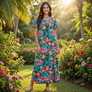 Vintage Hilo Hattie Hawaiian Maxi muumuu dress Floral Tropical Print Sz Small